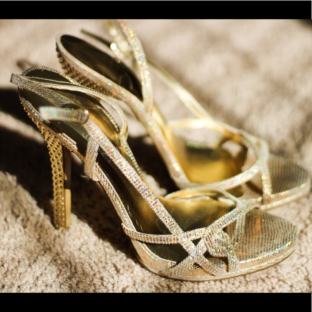 nine west gold heels with studded heel detail